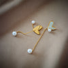 Wholesale Titanium Steel Heart Shape Goldplated Earrings With Love Chain Tassel And Pearl Hanging