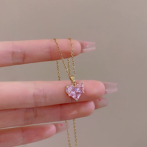 Wholesale Titanium Steel Heart Shape Pink Zircon Electroplated Clavicle Chain Necklace For Women