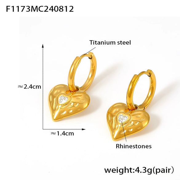 Wholesale 316L Stainless Steel Heart Shaped Niche Style Electroplated Diamond Hammer Love Earrings For Women
