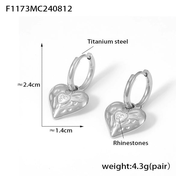 Wholesale 316L Stainless Steel Heart Shaped Niche Style Electroplated Diamond Hammer Love Earrings For Women