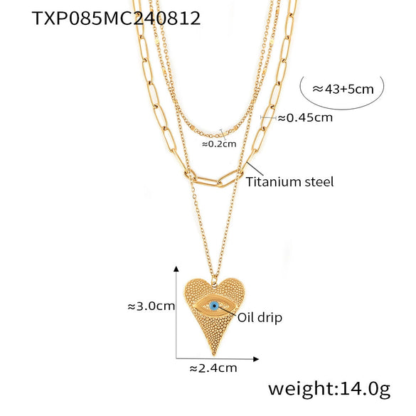 Wholesale 316L Stainless Steel Heartshaped Devil's Eye Pendant Earrings And Multilayer Necklace With 18K Real Gold Electroplating For Women
