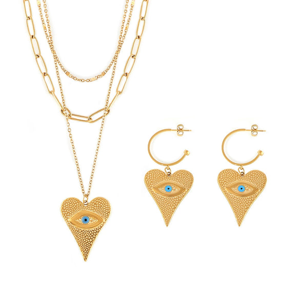Wholesale 316L Stainless Steel Heartshaped Devil's Eye Pendant Earrings And Multilayer Necklace With 18K Real Gold Electroplating For Women