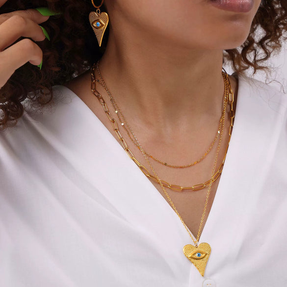 Wholesale 316L Stainless Steel Heartshaped Devil's Eye Pendant Earrings And Multilayer Necklace With 18K Real Gold Electroplating For Women