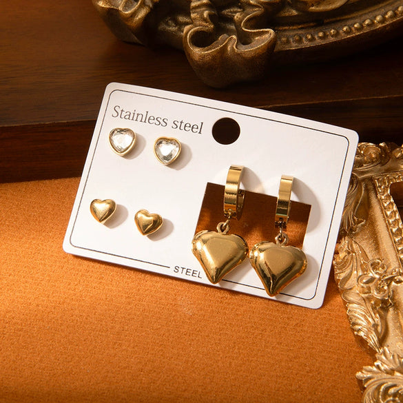 Wholesale Titanium Steel Heartshaped Simple Style Electroplated Women's Earrings Threepiece Set