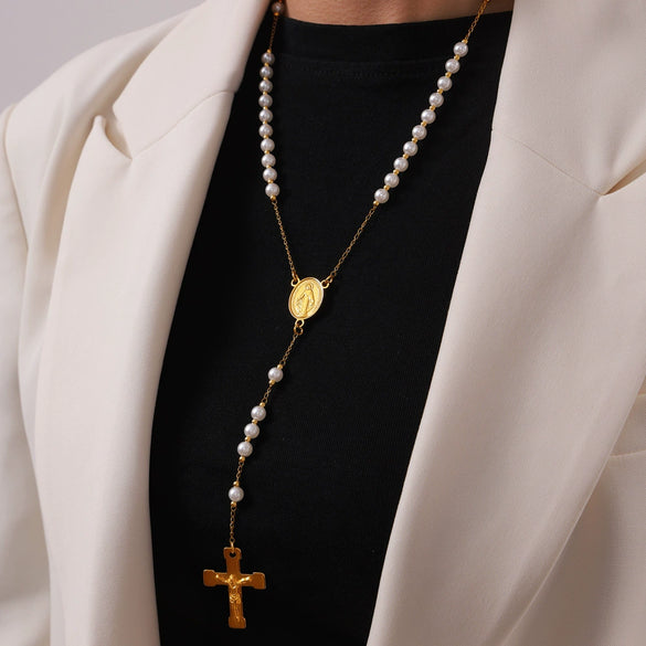 Wholesale 316L Stainless Steel Hip Hop Niche Vintage Geometric Round Cross Pendant Necklace Gold Plated