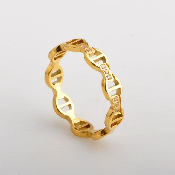 Wholesale Titanium Steel Hollow Circle Drop Shape Electroplating Minimalist Ring With Japanese Character And Diamond