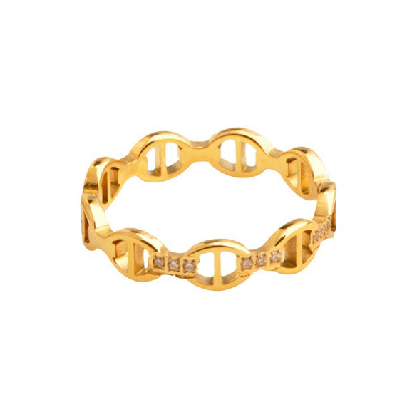 Wholesale Titanium Steel Hollow Circle Drop Shape Electroplating Minimalist Ring With Japanese Character And Diamond