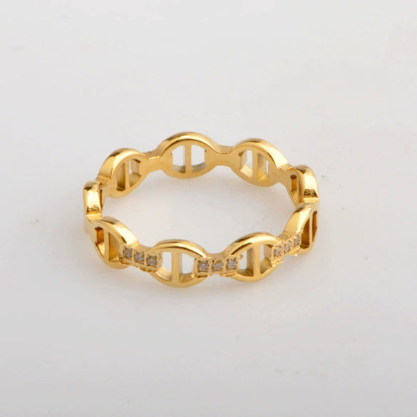 Wholesale Titanium Steel Hollow Circle Drop Shape Electroplating Minimalist Ring With Japanese Character And Diamond