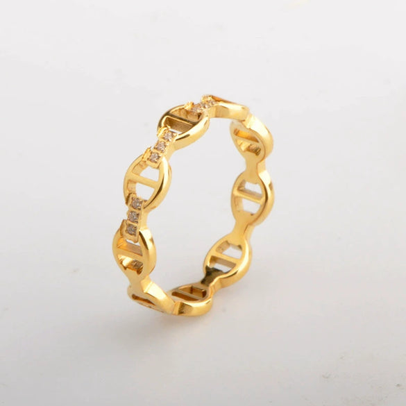 Wholesale Titanium Steel Hollow Circle Drop Shape Electroplating Minimalist Ring With Japanese Character And Diamond