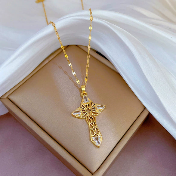 Wholesale Titanium Steel Hollow Cross Geometric Diamond Microinlaid Women's Necklace