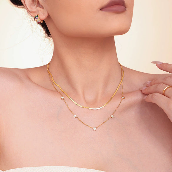 Wholesale Titanium Steel Inlaid Zircon Five Pointed Star Double Layer Clavicle Necklace With 18K Gold Electroplated Treatment For Women