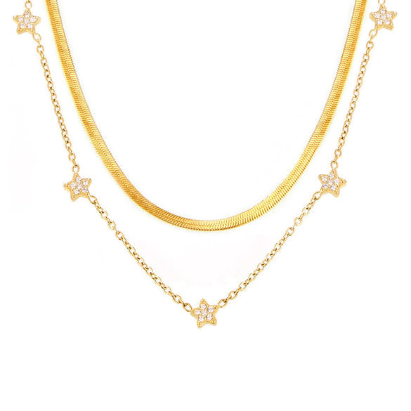 Wholesale Titanium Steel Inlaid Zircon Five Pointed Star Double Layer Clavicle Necklace With 18K Gold Electroplated Treatment For Women