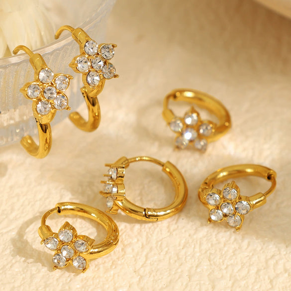 Wholesale 316L Stainless Steel Inlaid Zircon Flower Earrings Plated 18K Gold For Women