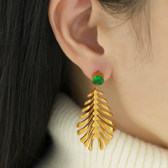 Wholesale 316L Stainless Steel Inlaid Zircon Leaf Retro Style Women's Earrings