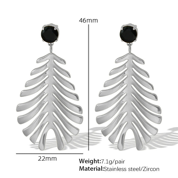 Wholesale 316L Stainless Steel Inlaid Zircon Leaf Retro Style Women's Earrings