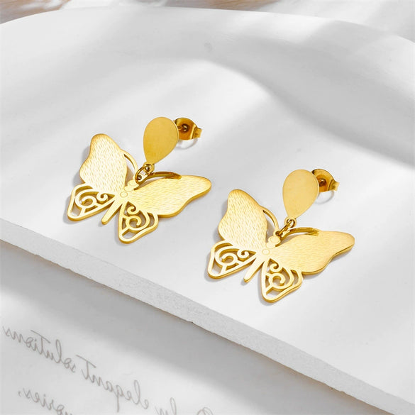 Wholesale Titanium Steel Insect Butterfly Earrings Fashionable Elegant Light Luxury Hollow Solid Electroplated Design For Women