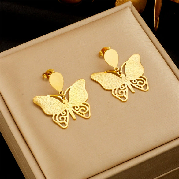 Wholesale Titanium Steel Insect Butterfly Earrings Fashionable Elegant Light Luxury Hollow Solid Electroplated Design For Women