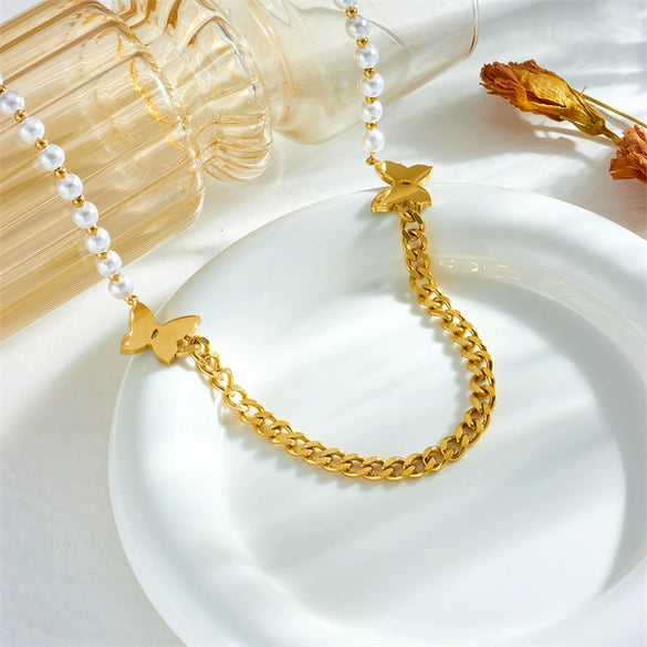 Wholesale Titanium Steel Insect Pattern Electroplated Butterfly Pearl Chain Splicing Women's Clavicle Necklace