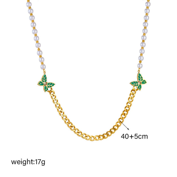Wholesale Titanium Steel Insect Pattern Electroplated Butterfly Pearl Chain Splicing Women's Clavicle Necklace