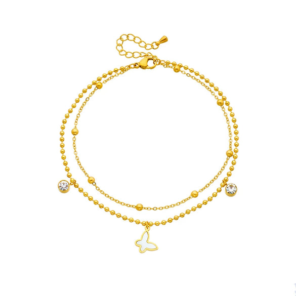 Wholesale Titanium Steel Insect Pattern Multilayered Bead Chain Anklet With Butterfly Pendant For Women
