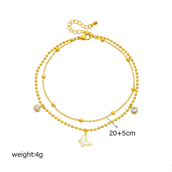 Wholesale Titanium Steel Insect Pattern Multilayered Bead Chain Anklet With Butterfly Pendant For Women