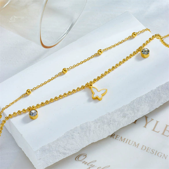 Wholesale Titanium Steel Insect Pattern Multilayered Bead Chain Anklet With Butterfly Pendant For Women