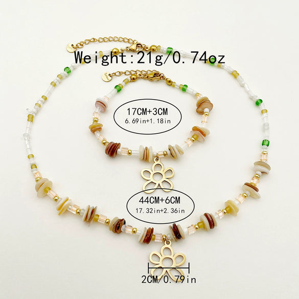 Wholesale Titanium Steel Irregular Hollow Flower Handmade Beaded Necklace And Bracelet Set With Electroplating For Women