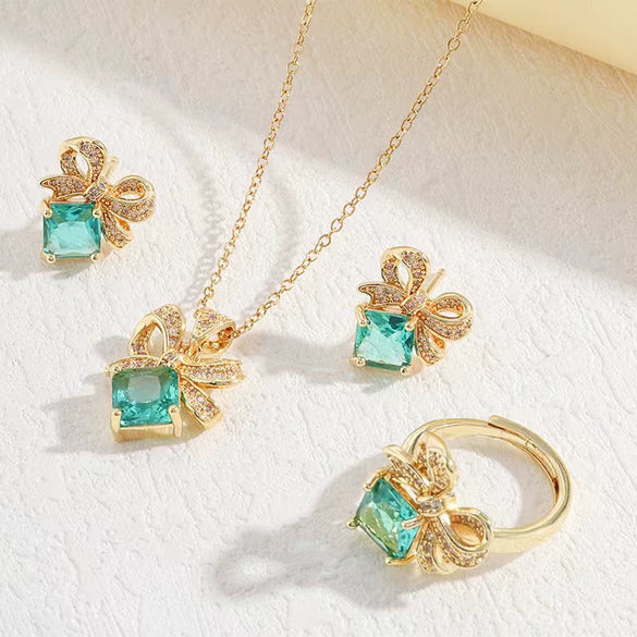 Wholesale Titanium Steel Jewelry For Women With Bow Pendant Electroplating Mixed Gemstone Setting And O Word Chain