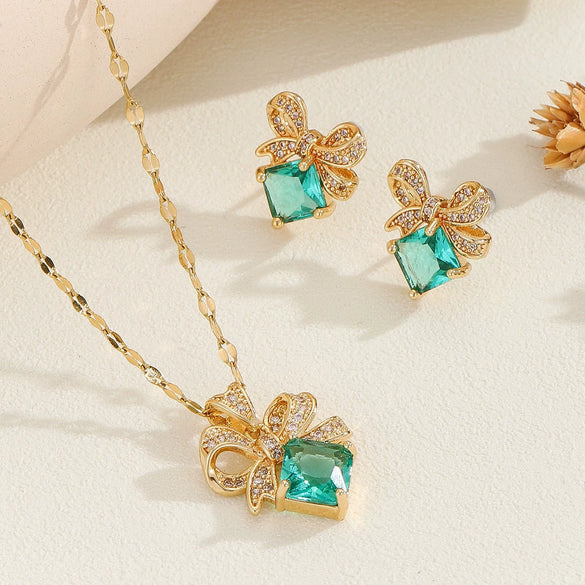 Wholesale Titanium Steel Jewelry For Women With Bow Pendant Electroplating Mixed Gemstone Setting And O Word Chain