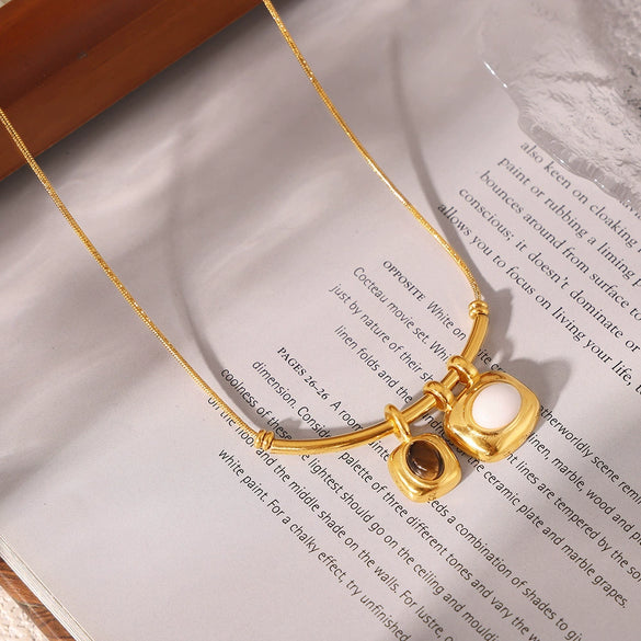 Wholesale 316L Stainless Steel Jewelry French Retro Twocolor Asymmetric Square Pendant Necklace With Tiger Eye White Turquoise Electroplating Geometric Style For Women