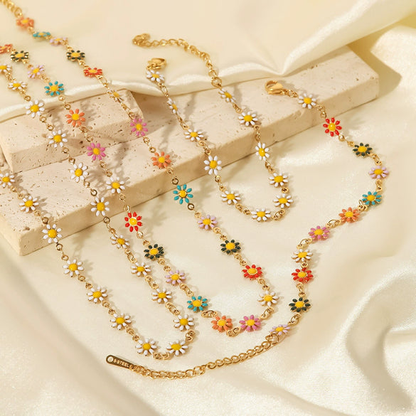 Wholesale Titanium Steel Jewelry Necklace And Bracelet With Daisy Chain Design And 18K Gold Electroplated Finish