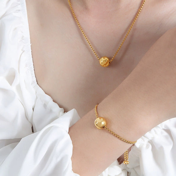 Wholesale Titanium Steel Jewelry Set For Women With Geometric Style Electroplated Round Ball Pendant And Box Chain