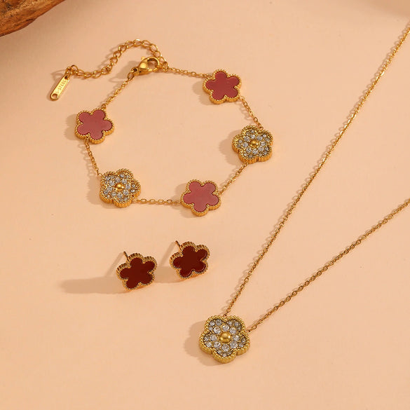 Wholesale Titanium Steel Jewelry Set With Diamond And Plants Flowers Pattern For Women