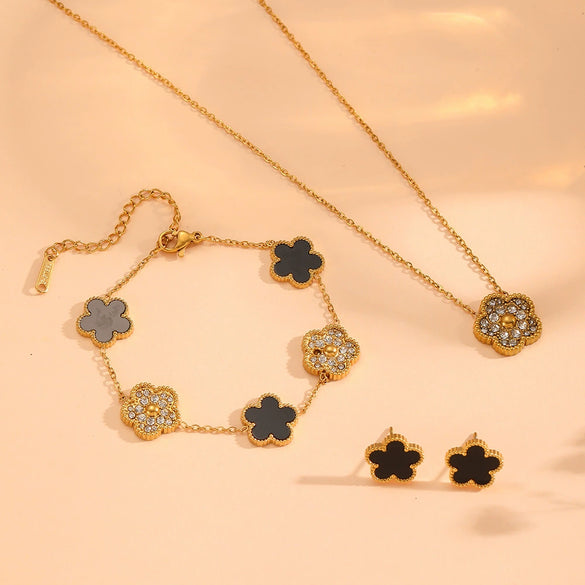 Wholesale Titanium Steel Jewelry Set With Diamond And Plants Flowers Pattern For Women