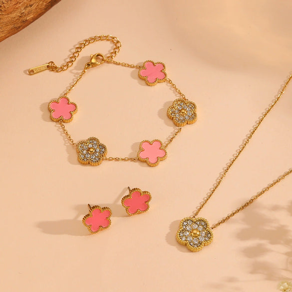 Wholesale Titanium Steel Jewelry Set With Diamond And Plants Flowers Pattern For Women