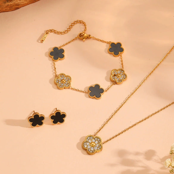 Wholesale Titanium Steel Jewelry Set With Diamond And Plants Flowers Pattern For Women