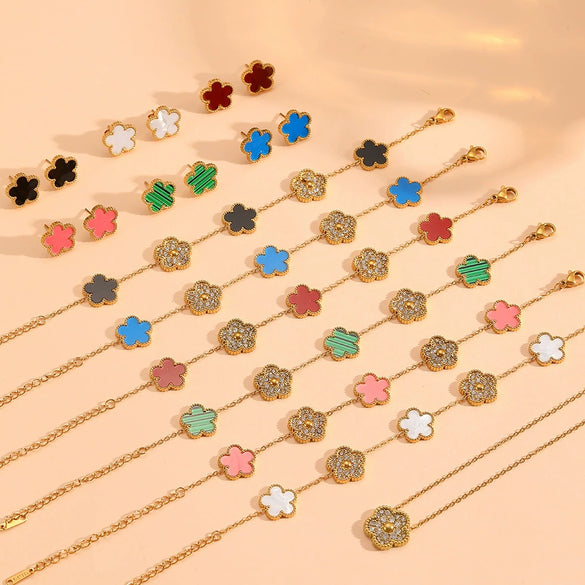 Wholesale Titanium Steel Jewelry Set With Diamond And Plants Flowers Pattern For Women