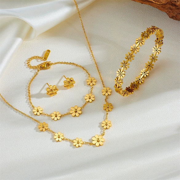 Wholesale Titanium Steel Jewelry Set With Flower Pattern For Women Earrings Necklace Anklet Bracelet Geometric Design Box Chain
