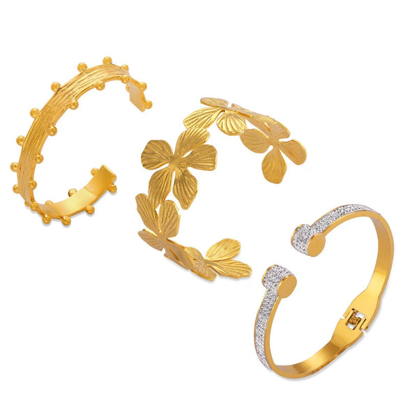 Wholesale 316L Stainless Steel 18K Gold Opening Bracelet With Geometric Fold Texture And Electroplating Design