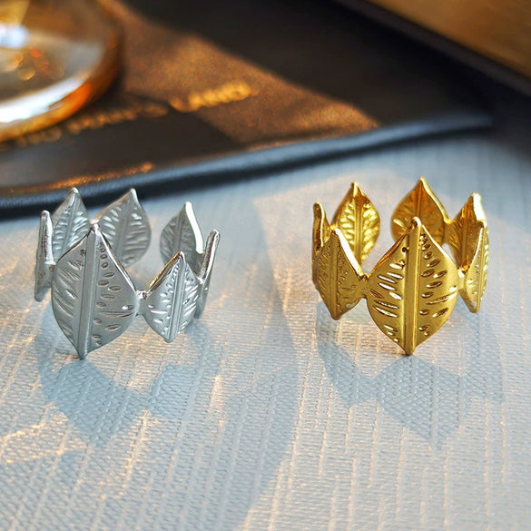 Wholesale Titanium Steel Leaf Ring Fashion Retro Design Jewelry For Women