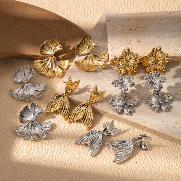 Wholesale Titanium Steel Light Luxury Women's Earrings With Flower Pattern And Double Layer Fish Tail Ginkgo Leaf Design Electroplated