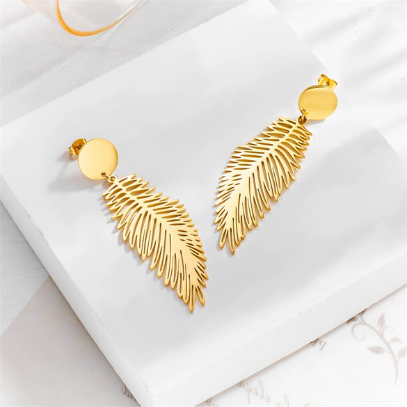 Wholesale Titanium Steel Long Exaggerated Feather Pendant Earrings Retro Cold Style Electroplating For Women