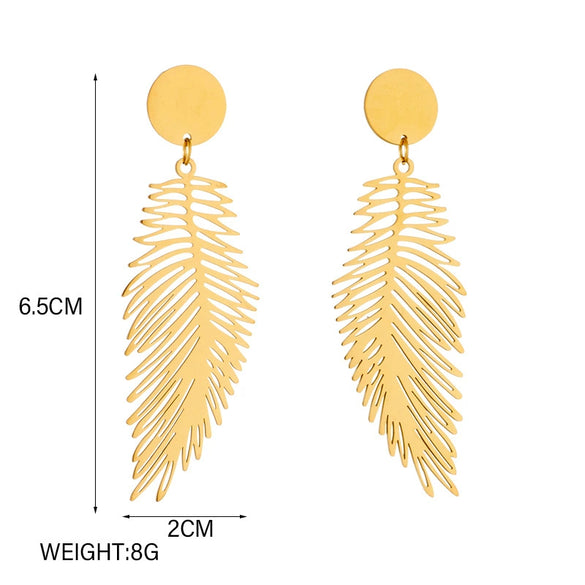 Wholesale Titanium Steel Long Exaggerated Feather Pendant Earrings Retro Cold Style Electroplating For Women