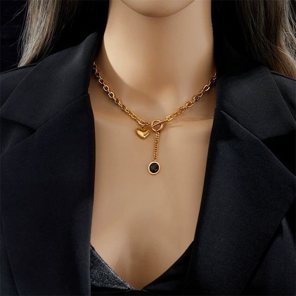 Wholesale Titanium Steel Metal Thick Chain With Oval Tassel Pendant And Heart Shaped Love O Buckle Electroplated Simple Fashion Heavy Industry Unisex Necklace