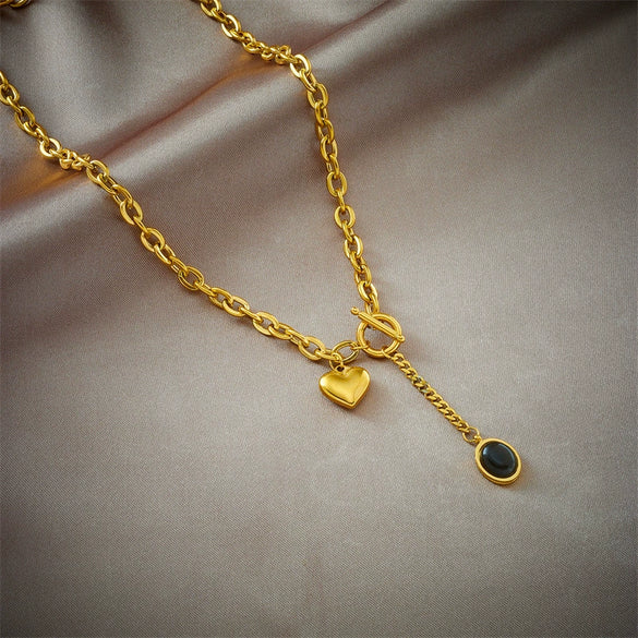 Wholesale Titanium Steel Metal Thick Chain With Oval Tassel Pendant And Heart Shaped Love O Buckle Electroplated Simple Fashion Heavy Industry Unisex Necklace
