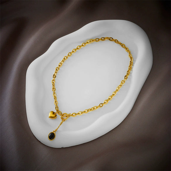 Wholesale Titanium Steel Metal Thick Chain With Oval Tassel Pendant And Heart Shaped Love O Buckle Electroplated Simple Fashion Heavy Industry Unisex Necklace