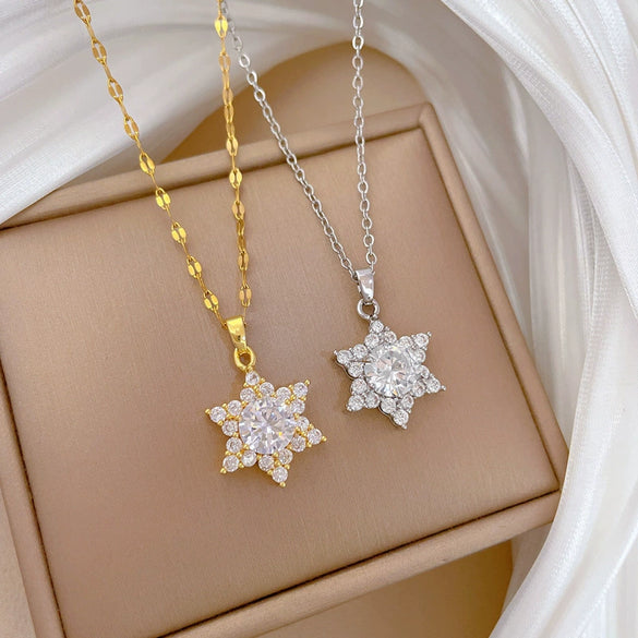 Wholesale Titanium Steel Micro Inlay Geometric Snowflake Cartoon Necklace For Women