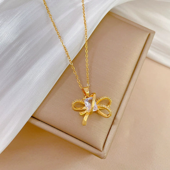 Wholesale Titanium Steel Microinlaid Geometric Bow Women's Necklace Earrings Set With Electroplating