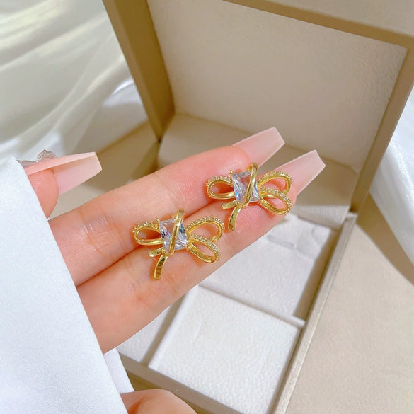 Wholesale Titanium Steel Microinlaid Geometric Bow Women's Necklace Earrings Set With Electroplating