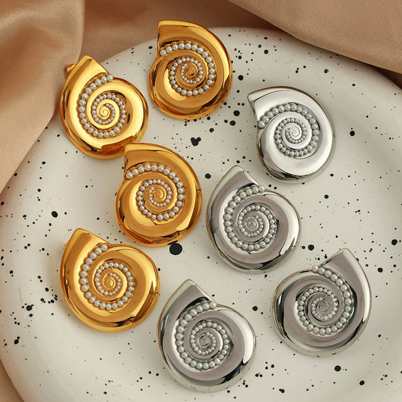 Wholesale 316L Stainless Steel Minimalist Conch White Bead Earrings With Electroplating For Women
